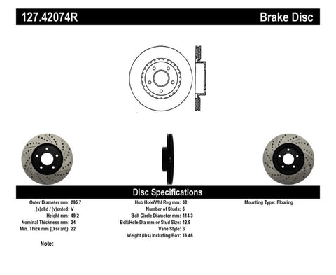 StopTech 1/02-05 Infiniti G35 (alloy disc) / 6/02-05 Nissan 350Z Slotted & Drilled Right Front Rotor - 127.42074R