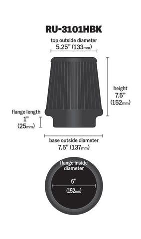 K&N Universal Rubber Filter Round Tapered 6in Flange ID x 7.5in Base OD x 5.25in Top OD x 8in Height - RU-3101HBK