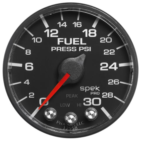 Autometer Spek-Pro Gauge Fuel Press 2 1/16in 30psi Stepper Motor W/Peak & Warn Blk/Blk - P316328