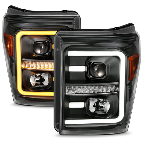 ANZO 2011-2016 Ford F250 Projector Headlights w/ Plank Style Switchback Black w/ Amber - 111406
