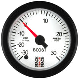 Autometer Stack 52mm -30INHG to +30 PSI (Incl T-Fitting) Pro Stepper Motor Boost Press Gauge - White - ST3362