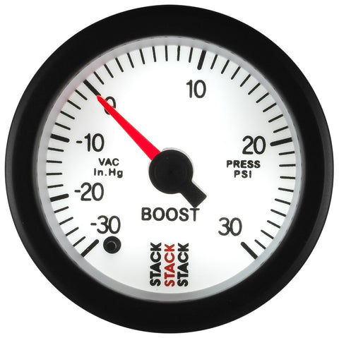 Autometer Stack 52mm -30INHG to +30 PSI (Incl T-Fitting) Pro Stepper Motor Boost Press Gauge - White - ST3362