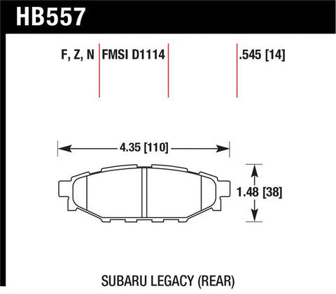 Hawk 2013-2014 Subaru BRZ Ltd (277mm Fr Disc/Solid Rr Disc) High Perf. Street 5.0 Rear Brake Pads - HB557B.545