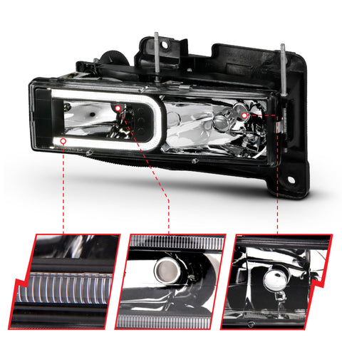 ANZO 1999-2000 Cadillac Escalade Crystal Headlights Light Bar Black Housing (Pair) - 111498