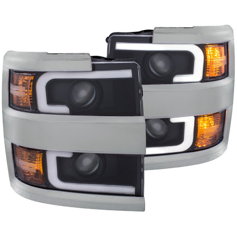 ANZO 2015-2016 Chevrolet Silverado Projector Headlights w/ Plank Style Design Black w/ Amber - 111359