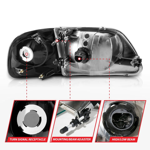 ANZO 1997-2003 Ford F150 Crystal Headlight Black w/ Parking Light - 111460