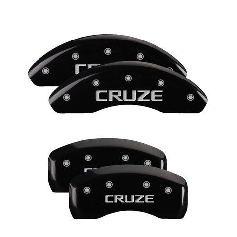 MGP 4 Caliper Covers Engraved Front & Rear Bowtie Black Finish Silver Char 2019 Chevrolet Bolt EV - 14246SBOWBK