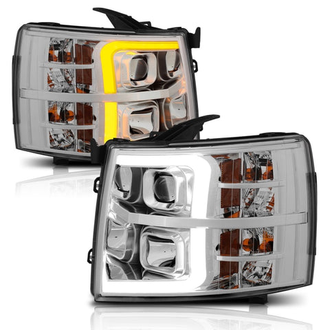 ANZO 07-13 Chevrolet Silverado 1500/2500/3500 Proj Headlights w/ Plank Style Switchback Chrome w/Amb - 111411