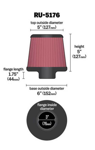 K&N Universal Rubber Filter-Round Tapered 3in Flange ID x 6in Base OD x 6in Top OD x 5in H - RU-5176