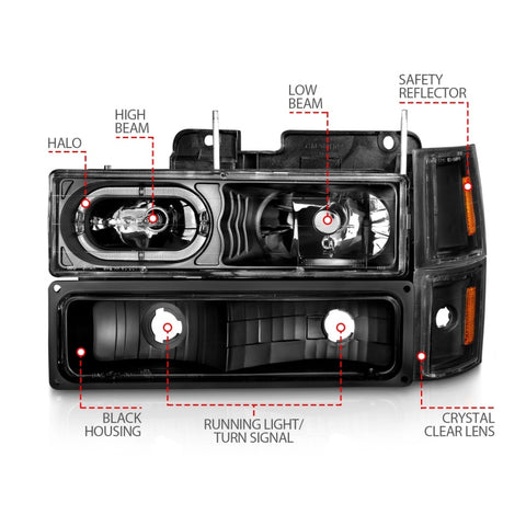 ANZO 88-98 Chevrolet C1500 Crystal Headlights Black Housing w/ Signal and Side Marker Lights - 111507