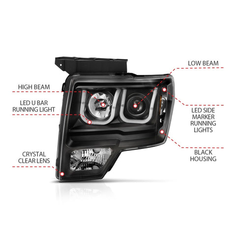 ANZO 2009-2014 Ford F-150 Projector Headlights w/ U-Bar Black Amber (HID TYPE) (WITHOUT HID KIT) - 111351