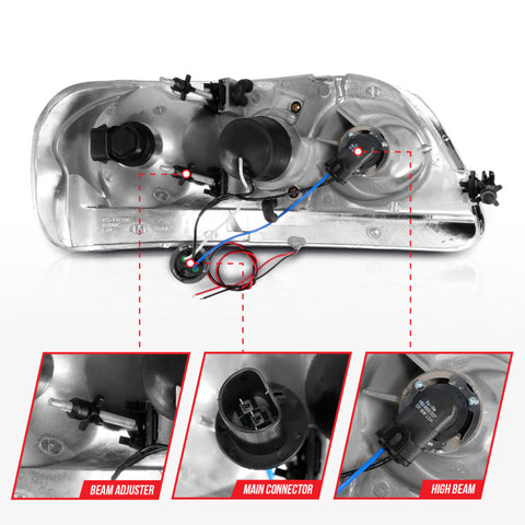 ANZO 1997-2003 Ford F-150 Projector Headlights w/ Light Bar Black Housing - 111503