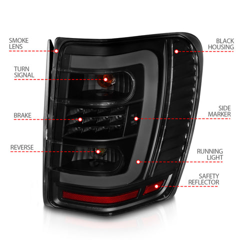 ANZO 1999-2004 Jeep Grand Cherokee LED Tail Lights w/ Light Bar Black Housing Smoke Lens - 311395