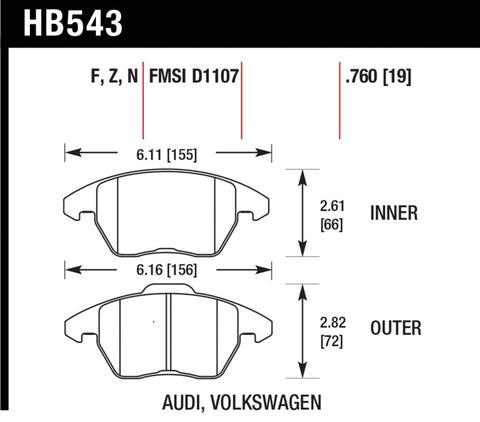 Hawk Audi A3 Quattro / VW EOS / Golf / Jetta / Passat / Rabbit Performance Ceramic Front Brake Pads - HB543Z.760