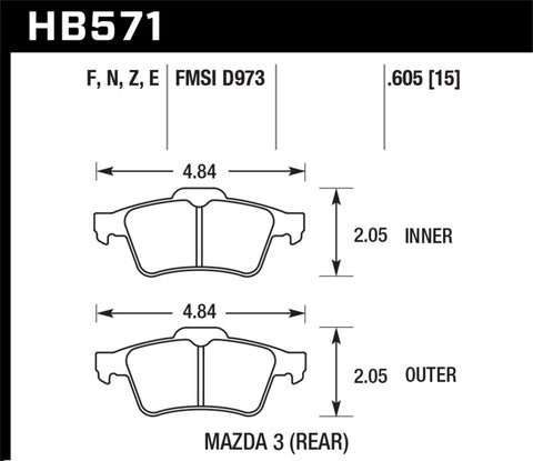 Hawk 05 Volvo S40 / 06-07 Mazda 5 / 04-05 Mazda 3 Blue 9012 Race Rear Brake Pads - HB571E.605