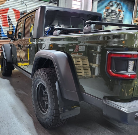 Rally Armor 19-25 Jeep JT Gladiator (Mojave/Rubicon) Black Mud Flap w/Grey Logo - MF104-BLK-GRY