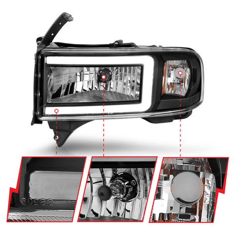 ANZO 94-02 Dodge RAM Crystal Headlight - w/ Light Bar Black Housing - 111554