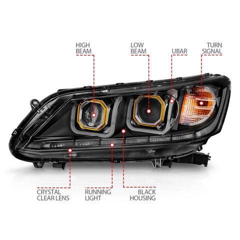 ANZO 2013-2015 Honda Accord (4dr ONLY) Projector Headlights w/ U-Bar Black - 121492