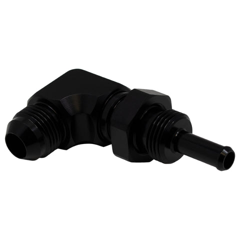 DeatschWerks 8AN Male Flare to 5/16in Male Barb Bulkhead Adapter 90-Degree - Anodized Matte Black - 6-02-0713-B