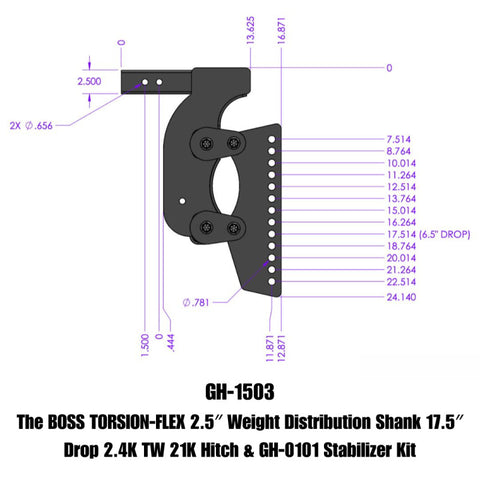 Gen-Y The Boss Torsion-Flex 2.5in Weight Distribution Shank 17.5in Drop 21K Hitch w/Stabilizer Kit - GH-1503