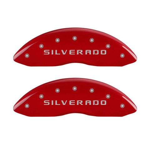 MGP Front set 2 Caliper Covers Engraved Front Silverado Red finish silver ch - 14238FSILRD