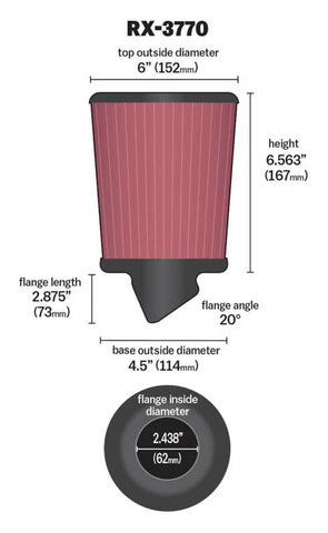 K&N Filter Universal X Stream Clamp-On 3in Flange 4.5in Base 6in Top 6.125in Height - RX-3770