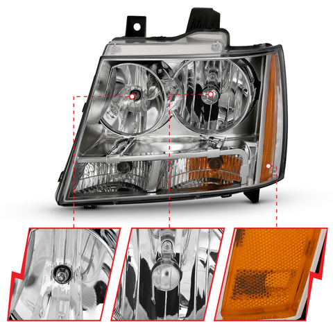 ANZO 2007-2014 Chevy Tahoe Crystal Headlight Chrome Amber(OE) - 111475