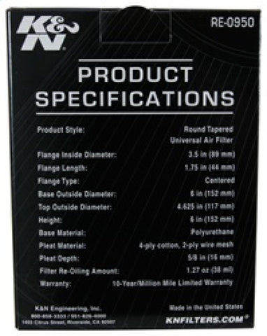 K&N Universal Rubber Filter 3 1/2inch ID FLG / 6inch Base / 4-5/8inch Top / 6inch Height - RE-0950