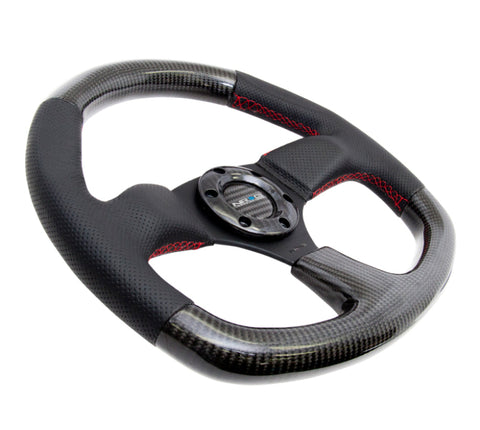 NRG Carbon Fiber Steering Wheel (320mm) Flat Bottom & Leather Trim w/Red Stitching - ST-009CFRS