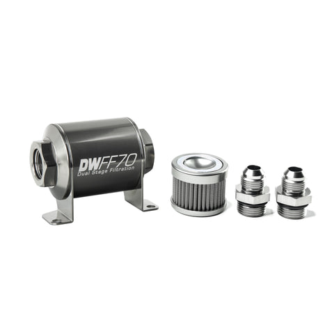 DeatschWerks Stainless Steel 8AN 10 Micron Universal Inline Fuel Filter Housing Kit (70mm) - 8-03-070-010K-8