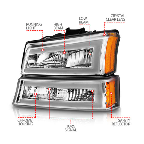ANZO 2003-2006 Chevrolet Silverado 1500 Crystal Headlights w/ Light Bar Chrome Housing - 111502