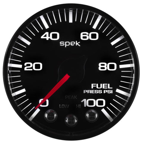 Autometer Spek-Pro Gauge Fuel Press 2 1/16in 100psi Stepper Motor W/Peak & Warn Blk/Blk - P314328