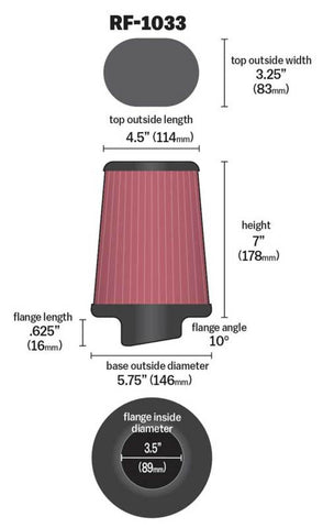 K&N Uni Oval Tapered Air Filter 3.5in 10 Deg. Flg / 3.25in T OW / 4.5in T OL / 5.75in B / 7in H - RF-1033