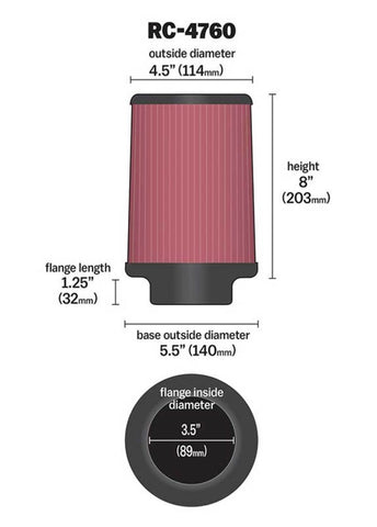 K&N Universal Chrome Filter 3 1/2 inch FLG / 5 1/2 inch Bottom / 4 1/2 inch Top / 8 inch Height - RC-4760