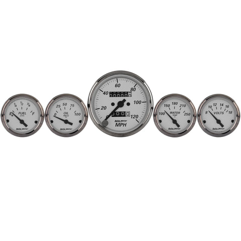 Autometer Silver 5 Pc Kit Box w/ Mech. Speedo / Elec Oil Press / Water Temp / Volt / Fuel Level - 1901