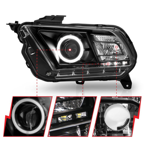 ANZO 2010-2014 Ford Mustang Projector Headlights w/ Halo Black (CCFL) - 121323