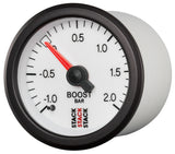 Autometer Stack 52mm -1 to +2 Bar T-Fitting 0.187in Barb (M) Mechanical Boost Pressure Gauge - White - ST3161