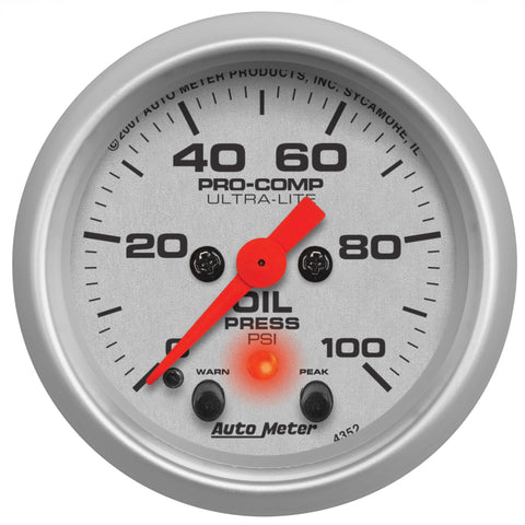 Autometer Ultra-Lite 52mm 0-100 PSI F/S Electronic Oil Pressure w/ Peak Memory & Warning Gauge - 4352