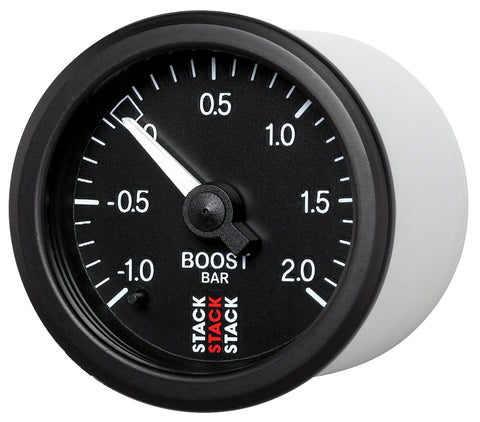 Autometer Stack 52mm -1 to +2 Bar T-Fitting 0.187in Barb (M) Mechanical Boost Pressure Gauge - Black - ST3111