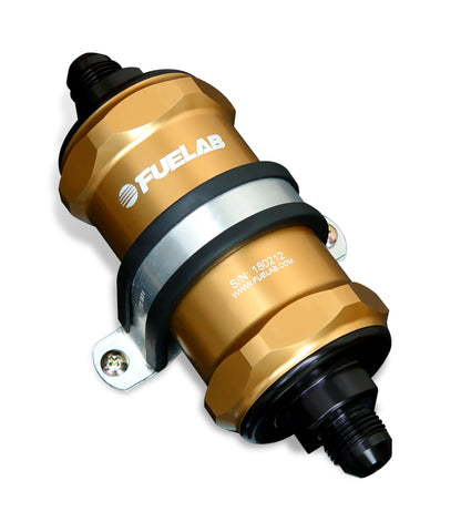 Fuelab 818 In-Line Fuel Filter Standard -8AN In/Out 40 Micron Stainless - Gold - 81812-5
