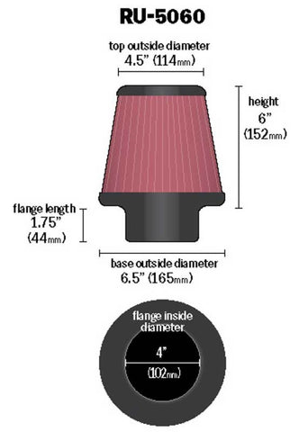 K&N Universal Clamp-On Air Filter 4in FLG / 6-1/2in B / 4-1/2in T / 6in H - RU-5060