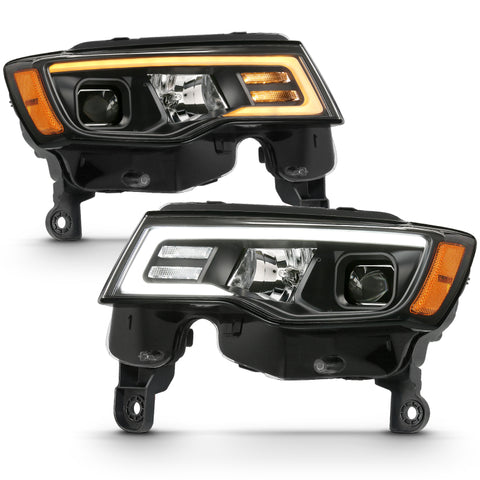 ANZO 2017-2018 Jeep Grand Cherokee Projector Headlights w/ Plank Style Switchback - Black w/ Amber - 111418