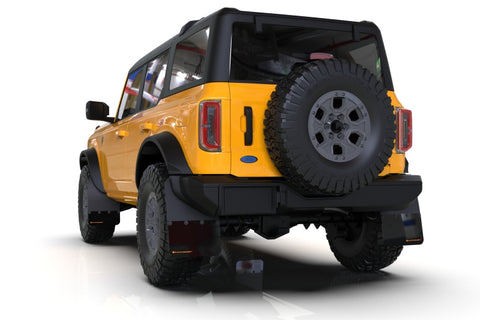 Rally Armor 21-25 Ford Bronco (Plstc Bmpr + RB - NO Rptr/Sprt) Blk Mud Flap w/Cy Orange Logo - MF85-RB-PL-COR