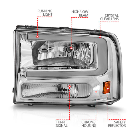 ANZO 99-04 Ford F250/F350/F450/Excursion (excl. 99) Crystal Headlights - w/ Light Bar Chrome Housing - 111550