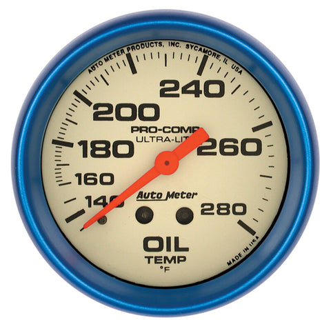 Autometer Ultra-Nite 66.7mm 140-280 Deg. F Mechanical Glow In The Dark Oil Temp Gauge - 4541
