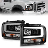 ANZO 99-04 Ford F250/F350/F450/Excursion (excl 99) Projector Headlights - w/ Light Bar Black Housing - 111551