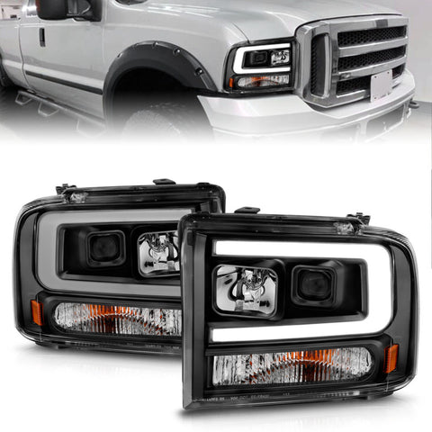 ANZO 99-04 Ford F250/F350/F450/Excursion (excl 99) Projector Headlights - w/ Light Bar Black Housing - 111551