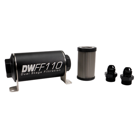 DeatschWerks Stainless Steel 8AN 100 Micron Universal Inline Fuel Filter Housing Kit (110mm) - 8-03-110-100K-8