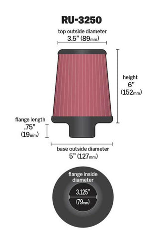 K&N Universal Tapered Filter 3.125in Flange ID x 5in Base OD x 3.5in Top OD x 6in Height - RU-3250