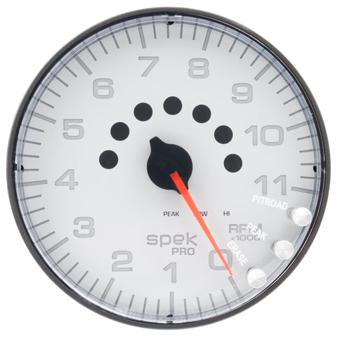 Autometer Spek-Pro Gauge Tachometer 5in 11K Rpm W/Shift Light & Peak Mem White/Black - P239128